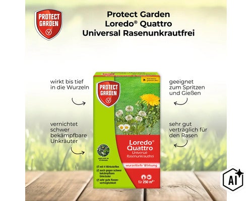 Protect Garden Loredo Quattro Universal Rasenunkrautfrei zur Unkrautbekämpfung im Rasen für 250 Quadratmeter zum Spritzen und Gießen. (Image AI modified or generated)