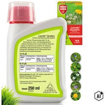 Loredo Quattro Universal Rasenunkrautfrei 250 ml Flasche mit Packung und Anwendungshinweisen zur Bekämpfung zweikeimblättriger Unkräuter im Rasen. (Image AI modified or generated)