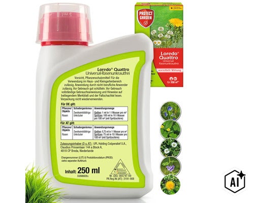 Loredo Quattro Universal Rasenunkrautfrei 250 ml Flasche mit Packung und Anwendungshinweisen zur Bekämpfung zweikeimblättriger Unkräuter im Rasen. (Image AI modified or generated)