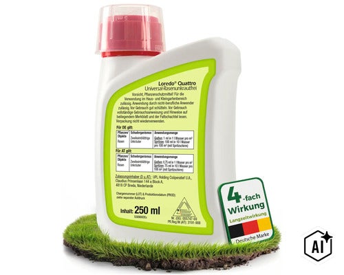 Loredo Quattro Rasenunkrautfrei Unkrautvernichter in der 250 Milliliter Flasche zur Bekämpfung von zweikeimblättrigen Unkräutern im Rasen. (Image AI modified or generated)