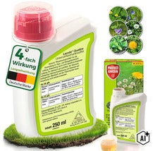 Loredo Quattro Universal Rasenunkrautfrei Unkrautvernichter in der 250 Milliliter Flasche mit Dosierbecher und Produktverpackung (Image AI modified or generated)