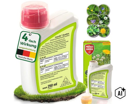 Loredo Quattro Universal Rasenunkrautfrei Unkrautvernichter in der 250 Milliliter Flasche mit Dosierbecher und Produktverpackung (Image AI modified or generated)