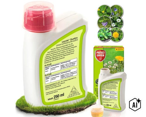 Loredo Quattro Universal Rasenunkrautfrei Unkrautvernichtungsmittel 250 Milliliter Konzentrat zur Bekämpfung von zweikeimblättrigen Unkräutern. (Image AI modified or generated)