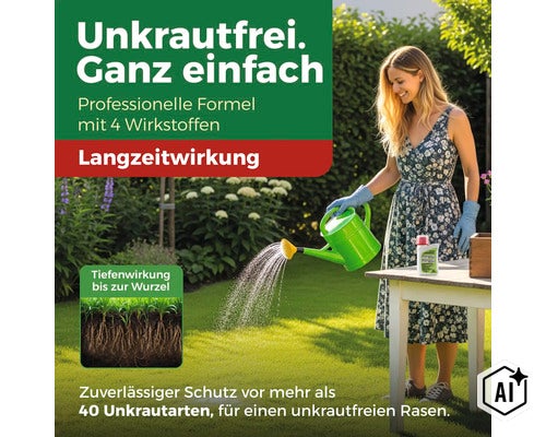 Eine Frau gießt mit einer Gießkanne Unkrautvernichtungsmittel auf den Rasen, um Unkraut bis zur Wurzel zu bekämpfen. (Image AI modified or generated)