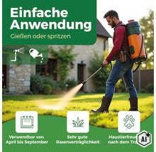 Ein Mann mit einem Rückensprühgerät auf einer Rasenfläche mit Symbolen zur Anwendung von April bis September und Haustierverträglichkeit. (Image AI modified or generated)