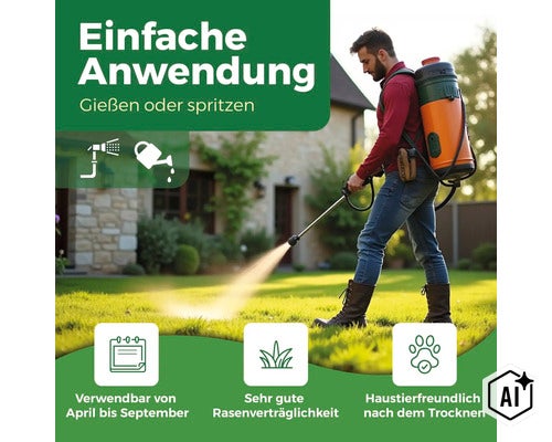 Ein Mann mit einem Rückensprühgerät auf einer Rasenfläche mit Symbolen zur Anwendung von April bis September und Haustierverträglichkeit. (Image AI modified or generated)