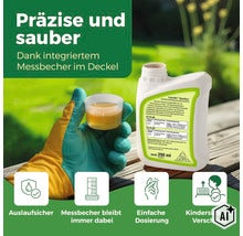 Loredo Quattro Universal Rasenunkrautfrei 250 ml Flasche mit integriertem Messbecher und Informationen zur Anwendung im Garten. (Image AI modified or generated)