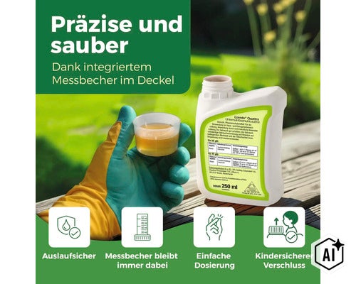 Loredo Quattro Universal Rasenunkrautfrei 250 ml Flasche mit integriertem Messbecher und Informationen zur Anwendung im Garten. (Image AI modified or generated)