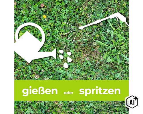 Symbolische Darstellung einer Gießkanne und eines Drucksprühers über einer Rasenfläche mit dem Hinweis gießen oder spritzen. (Image AI modified or generated)