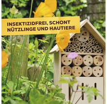 Insektenhotel aus Holz in einem Garten mit Textbanner Insektizidfrei schont Nützlinge und Haustiere