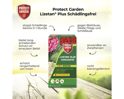 Protect Garden Lizetan Plus Schädlingsfrei zur Bekämpfung von Blattläusen und Schildläusen an Zierpflanzen mit systemischer Langzeitwirkung.