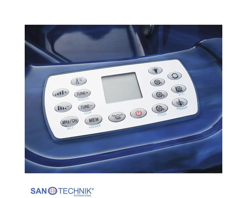 Bedienfeld für Whirlpool von Sanotechnik mit digitalem Display und verschiedenen Funktionstasten zur Steuerung von Temperatur und Massagedüsen.