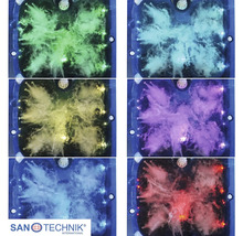 Whirlpool mit LED Beleuchtung in verschiedenen Farben und Massagedüsen von SANTECHNIK Logo.