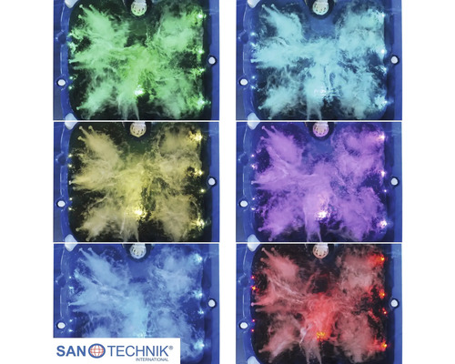 Whirlpool mit LED Beleuchtung in verschiedenen Farben und Massagedüsen von SANTECHNIK Logo.