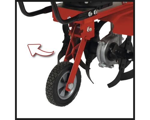 Transportrad für Gartenhacke mit roter Halterung und Reifenprofil
