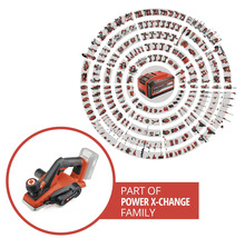 Akku-Hobel von Einhell als Teil der Power X-Change Systemfamilie mit einer Übersicht weiterer kompatibler Akku-Werkzeuge und Akkus.