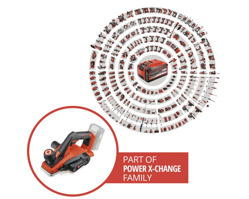Akku-Hobel von Einhell als Teil der Power X-Change Systemfamilie mit einer Übersicht weiterer kompatibler Akku-Werkzeuge und Akkus.