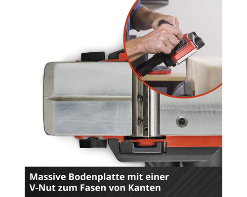 Elektrohobel mit massiver Bodenplatte und integrierter V Nut zum einfachen Fasen von Holzkanten bei der Holzbearbeitung