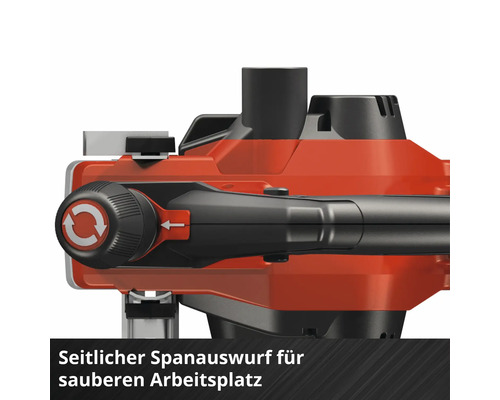 Detailansicht eines Elektrohobels mit seitlichem Spanauswurf fuer eine saubere Arbeitsumgebung.