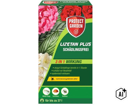 Protect Garden Lizetan Plus Schädlingsfrei Pflanzenschutzmittel zur Bekämpfung von Schädlingen wie Weiße Fliege, Schildlaus und Blattlaus. (Image AI modified or generated)