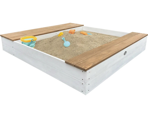 Quadratischer Sandkasten aus Holz mit Sitzbank und Kinderspielzeug für den Garten