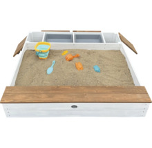 Quadratischer Sandkasten aus Holz mit zwei Kunststoffwannen und Sitzbank für Kinder zum Spielen im Garten.