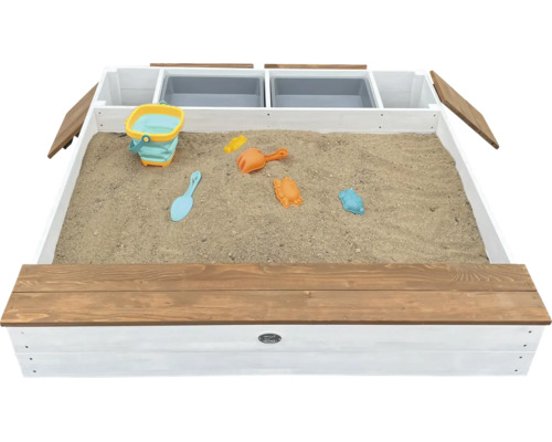 Quadratischer Sandkasten aus Holz mit zwei Kunststoffwannen und Sitzbank für Kinder zum Spielen im Garten.