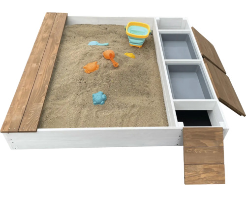 Sandkasten aus Holz mit Spielzeug und integrierten Spielwannen für Kinder