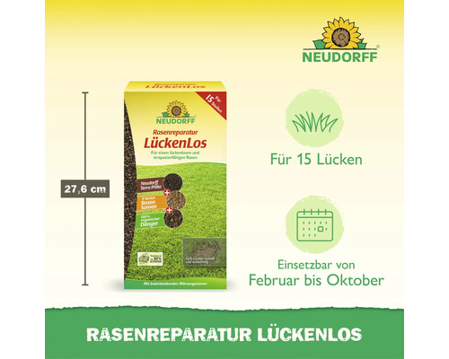Neudorff Rasenreparatur Lückenlos für 15 Stellen, Reparaturset für strapazierfähigen Rasen mit Samen, Dünger und Mikroorganismen.