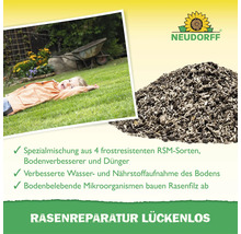 Neudorff Rasenreparatur Lückenlos für dichten Rasen, enthält RSM-Samenmischung, Dünger und Bodenverbesserer mit Mikroorganismen.