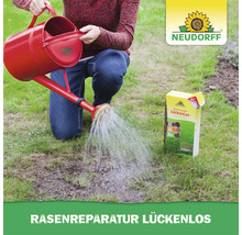 Person gießt mit einer Gießkanne eine mit Neudorff Rasenreparatur behandelte Rasenstelle im Garten.
