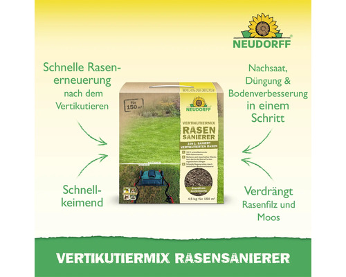 Neudorff Vertikutiermix Rasensanierer 4,5 kg Karton für 150 Quadratmeter zur Nachsaat, Düngung und Bodenverbesserung in einem Schritt.
