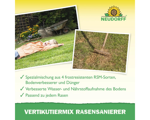 Neudorff Vertikutiermix Rasensanierer zur Rasenreparatur mit Spezialmischung aus RSM Sorten, Bodenverbesserer und Dünger für dichten Rasen.