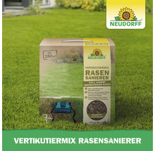Neudorff Vertikutiermix Rasensanierer in einer Verpackung für einhundertfünfzig Quadratmeter Rasenfläche.
