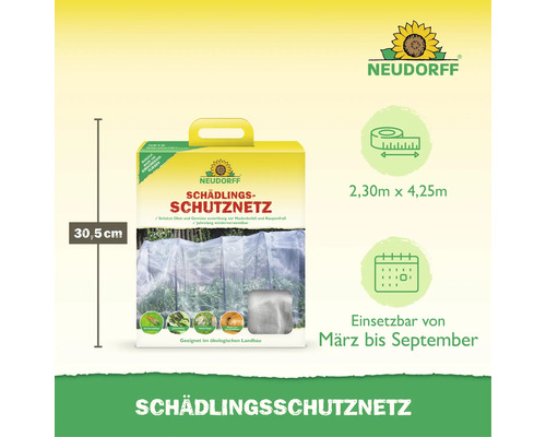 Neudorff Schädlingsschutznetz für Obst und Gemüse, Maße 2,30 Meter mal 4,25 Meter, einsetzbar von März bis September, für ökologischen Landbau.