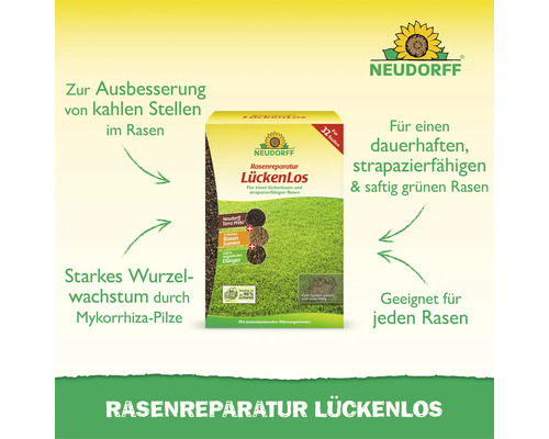 Neudorff Rasenreparatur LückenLos zur Ausbesserung kahler Stellen im Rasen mit organischem Dünger und Rasensamen.