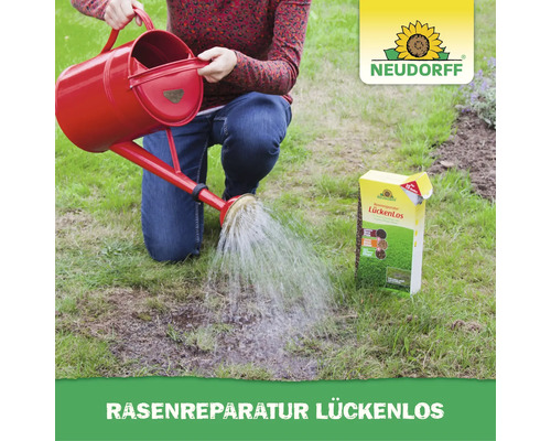 Person gießt mit einer Gießkanne eine mit Neudorff Rasenreparatur behandelte Rasenstelle im Garten.