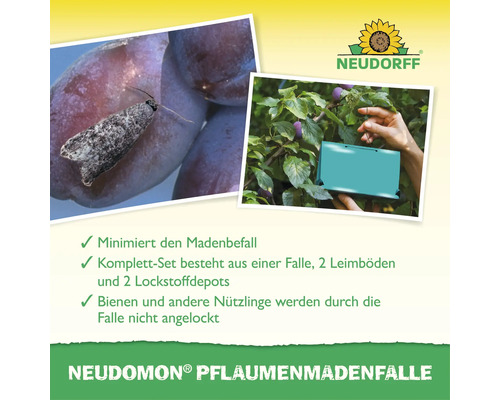 Neudomon Pflaumenmadenfalle zur Reduzierung von Madenbefall an Pflaumen, inklusive Falle, zwei Leimböden und zwei Lockstoffdepots, Neudorff Logo