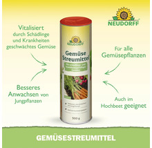 Neudorff Gemüsestreumittel zur Vitalisierung von Gemüse mit Anwendungshinweisen und Neudorff Logo