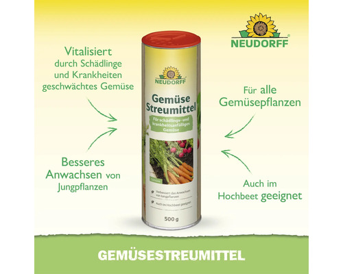 Neudorff Gemüsestreumittel zur Vitalisierung von Gemüse mit Anwendungshinweisen und Neudorff Logo