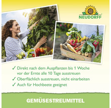 Neudorff Gemüsestreumittel für den Garten mit Anwendungshinweisen und Bildern von Ernte und Gartenarbeit.