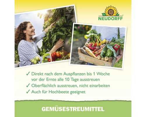 Neudorff Gemüsestreumittel für den Garten mit Anwendungshinweisen und Bildern von Ernte und Gartenarbeit.