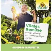 Ein Mann freut sich im Garten über eine geerntete Zucchini neben dem Neudorff Logo und einem Hinweis zu Neudorff Gemüsestreumittel für vitales Gemüse.