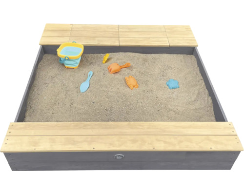 Quadratischer Sandkasten aus Holz mit Sitzbank und Sandspielzeug
