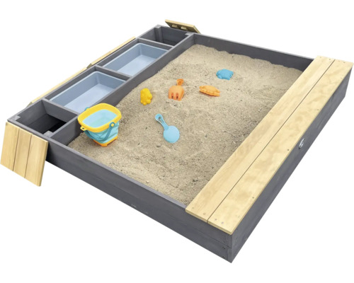 Sandkasten aus Holz mit zwei integrierten Spielzeugbehältern und breiten Sitzbänken, inklusive Sandspielzeug.