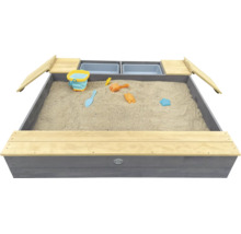 Sandkasten aus Holz mit zwei integrierten Wannen und Sitzflächen für Kinder