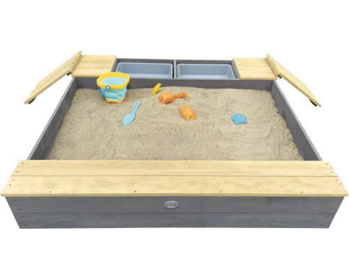Sandkasten aus Holz mit zwei integrierten Wannen und Sitzflächen für Kinder