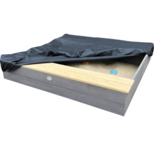 Quadratischer Sandkasten aus Holz mit Abdeckplane und Sitzbank für Kinder