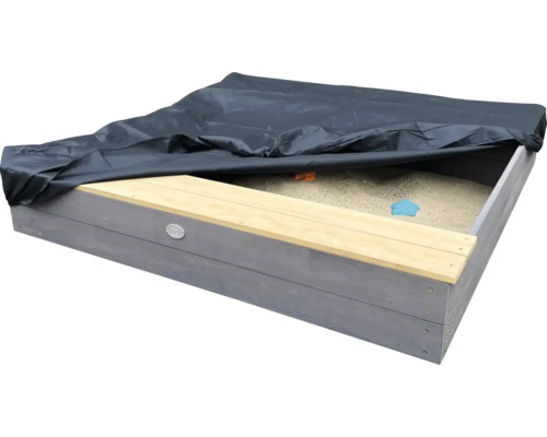 Quadratischer Sandkasten aus Holz mit Abdeckplane und Sitzbank für Kinder
