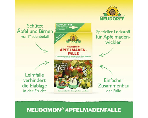 Neudorff Neudomon Apfelmadenfalle Set zur biologischen Befallskontrolle von Apfelwicklern an Obstbäumen mit Neudorff Logo.